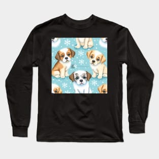 Cartoonish pups on snow - seamless pattern Long Sleeve T-Shirt